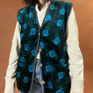Vintage Velvet Jewel Toned Floral Printed Gold Button Vest